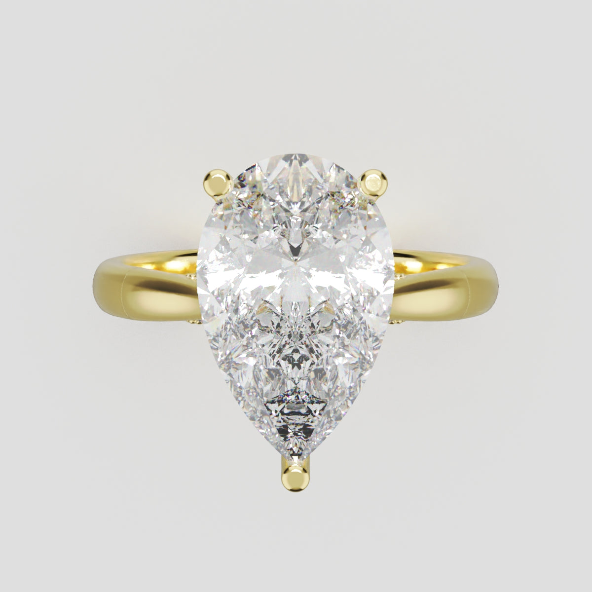 Campanile, 3ct pear lab grown diamond engagement ring, Cathedral Hidden Halo Bridge, 18K yellow gold - front view