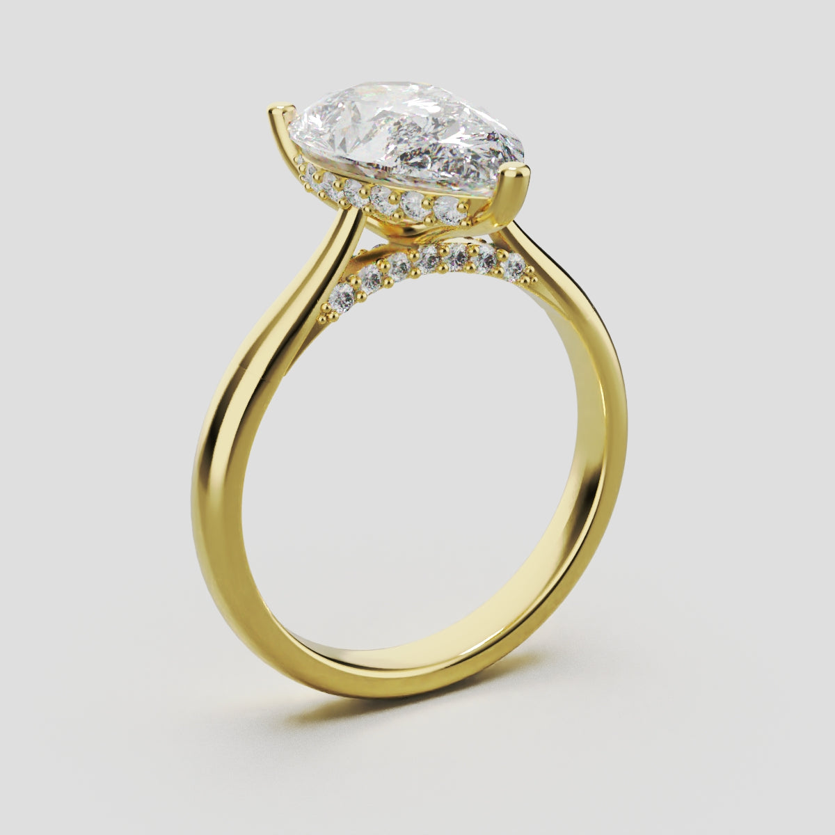 Campanile, 3ct pear lab grown diamond engagement ring, Cathedral Hidden Halo Bridge, 18K yellow gold - ne