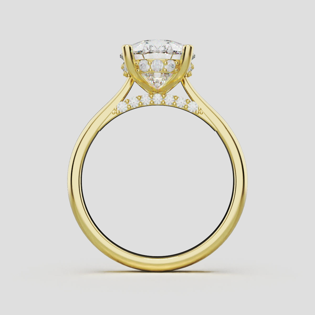 Campanile, 3ct pear lab grown diamond engagement ring, Cathedral Hidden Halo Bridge, 18K yellow gold - through finger