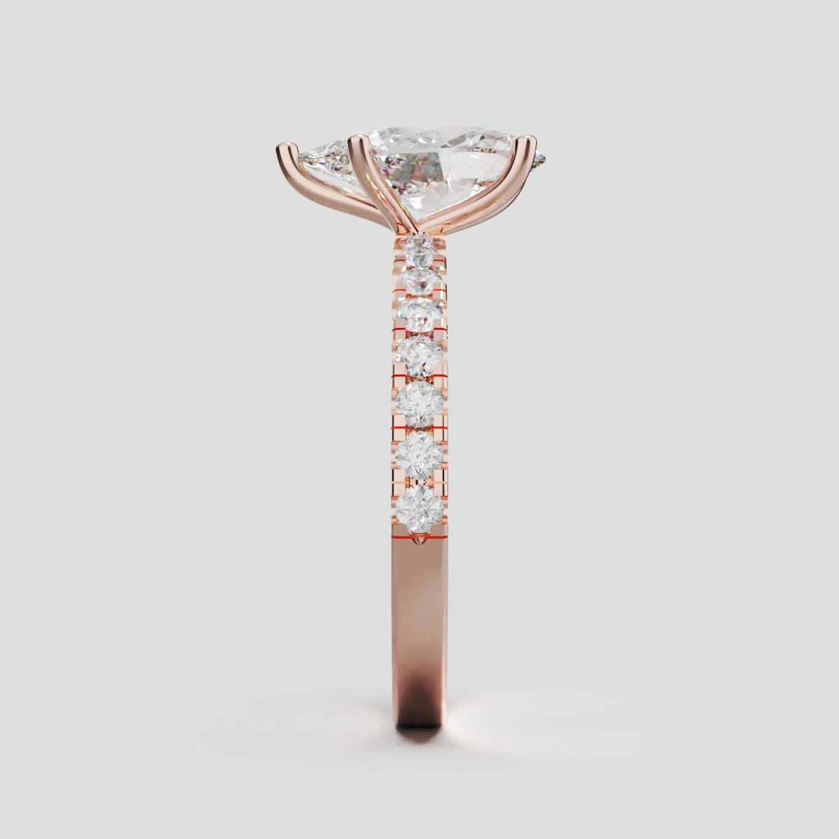 Brezza, 1.5ct pear lab grown diamond engagement ring, 1.8mm Pave, 5 Prongs, 18K rose gold - side view