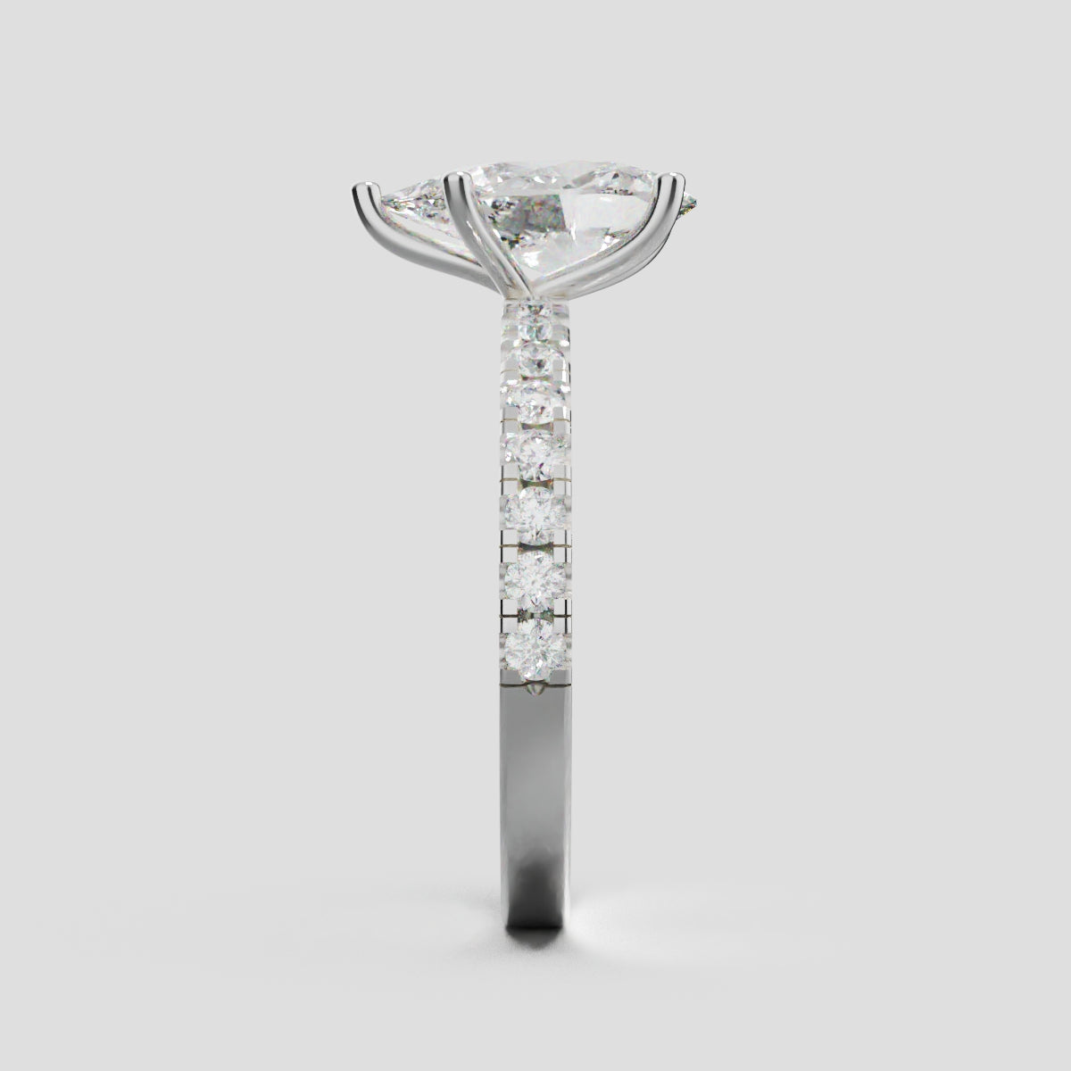 Brezza, 1.5ct pear lab grown diamond engagement ring, 1.8mm Pave, 5 Prongs, 18K white gold - side view