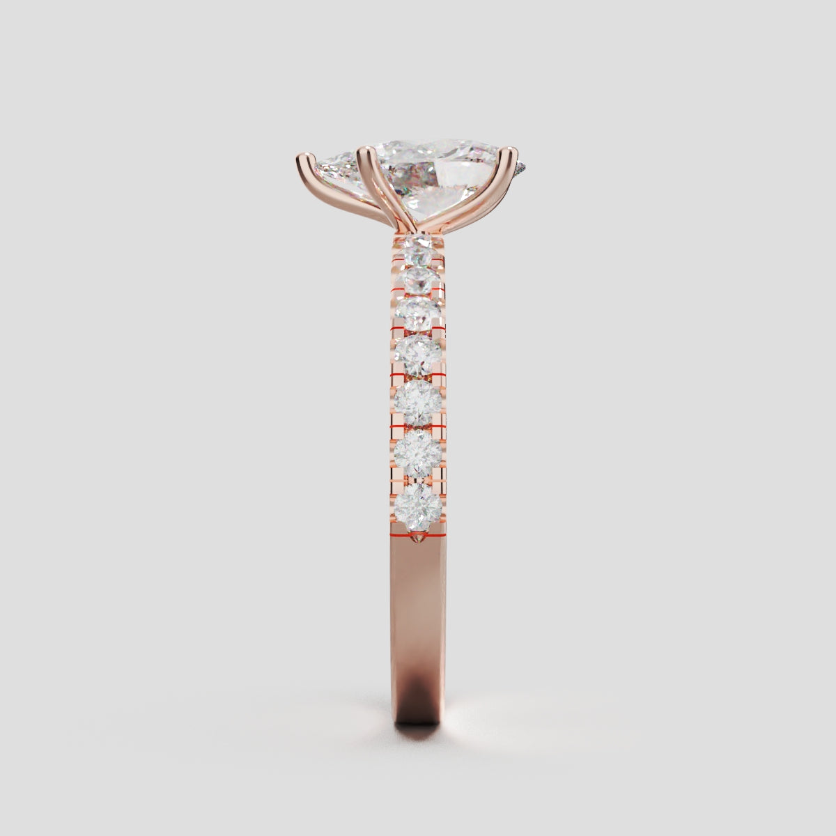 Brezza, 1ct pear lab grown diamond engagement ring, 1.8mm Pave, 5 Prongs, 18K rose gold - side view