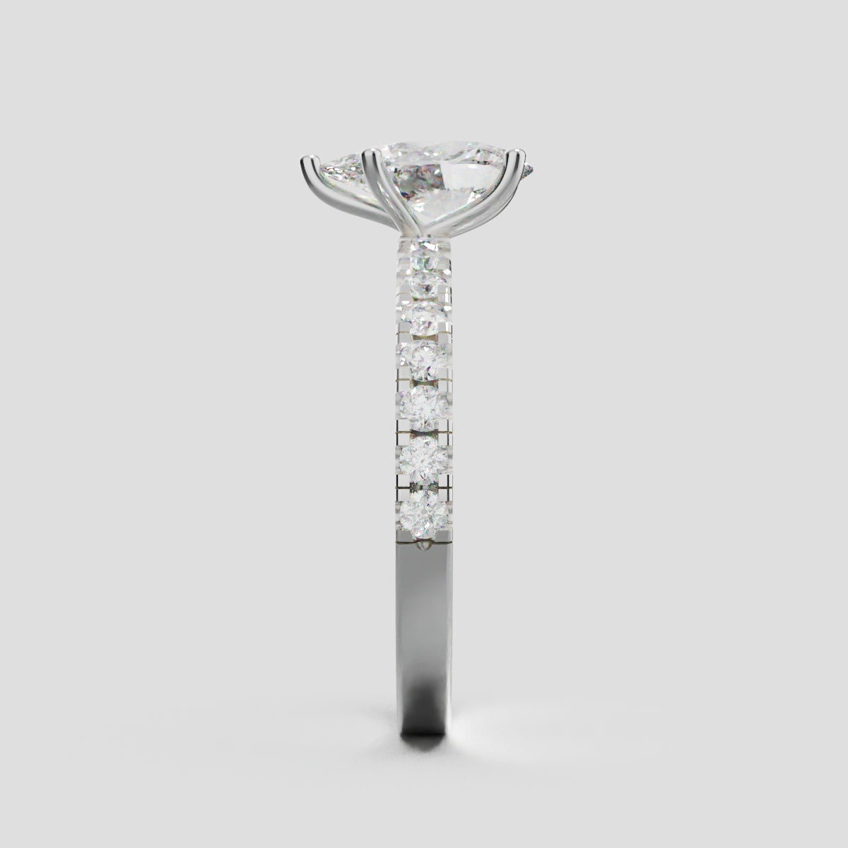 Brezza, 1ct pear lab grown diamond engagement ring, 1.8mm Pave, 5 Prongs, 18K white gold - side view