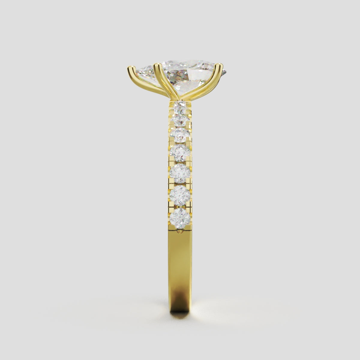 Brezza, 1ct pear lab grown diamond engagement ring, 1.8mm Pave, 5 Prongs, 18K yellow gold - side view