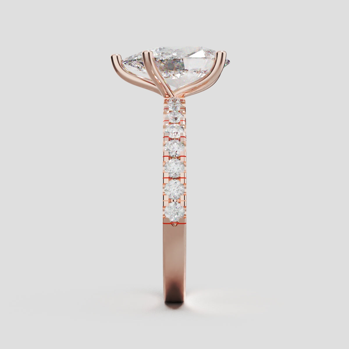 Brezza, 2ct pear lab grown diamond engagement ring, 1.8mm Pave, 5 Prongs, 18K rose gold - side view