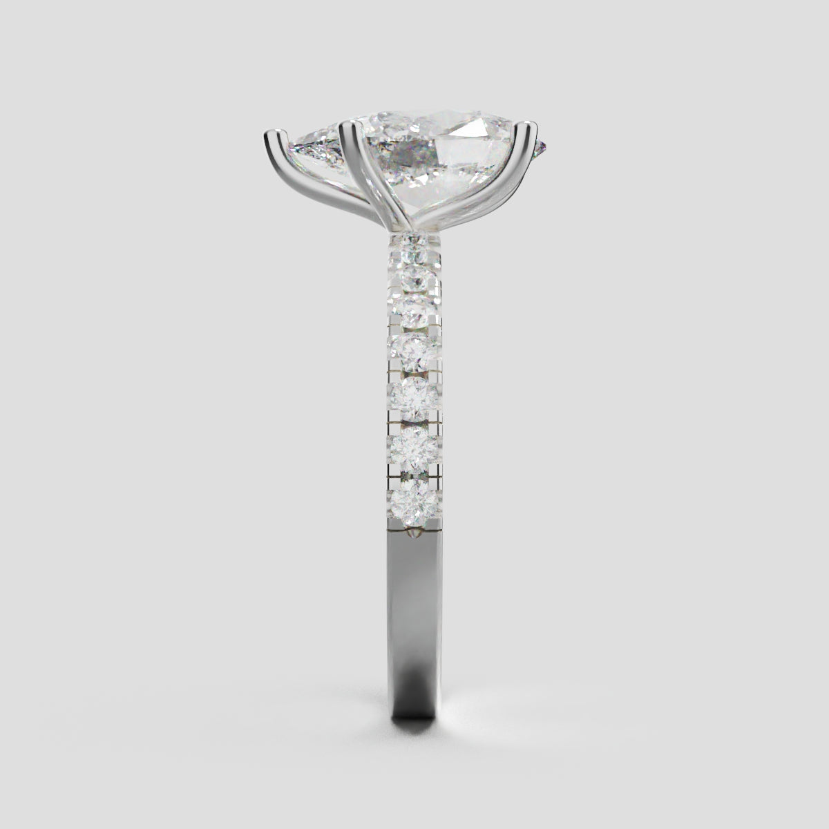 Brezza, 2ct pear lab grown diamond engagement ring, 1.8mm Pave, 5 Prongs, 18K white gold - side view