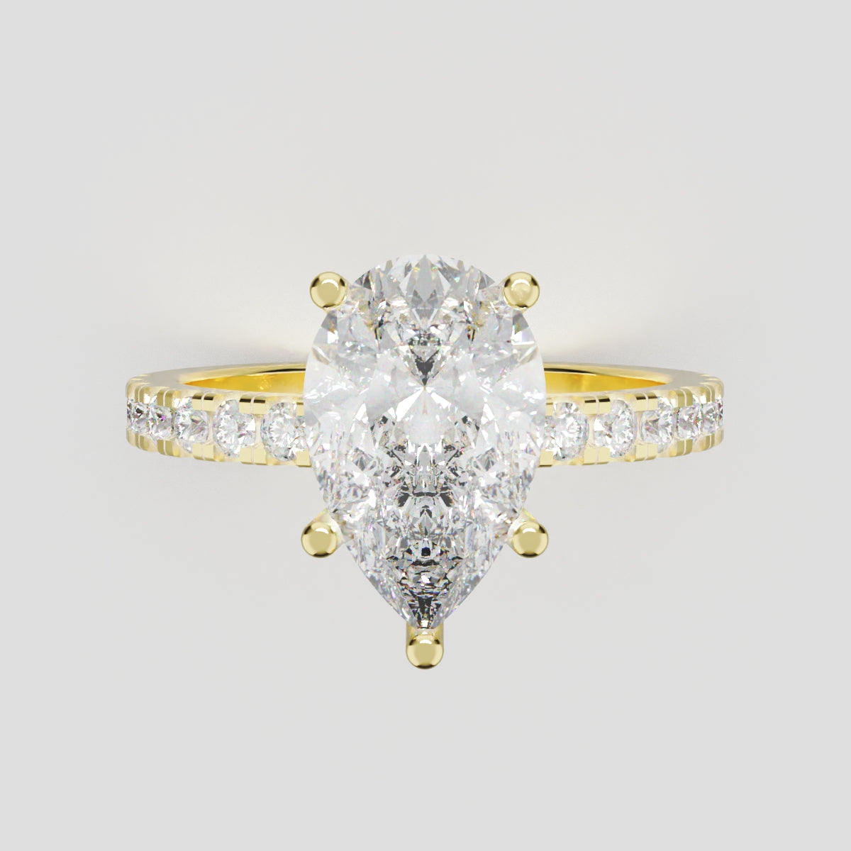 Brezza, 2ct pear lab grown diamond engagement ring, 1.8mm Pave, 5 Prongs, 18K yellow gold - front view