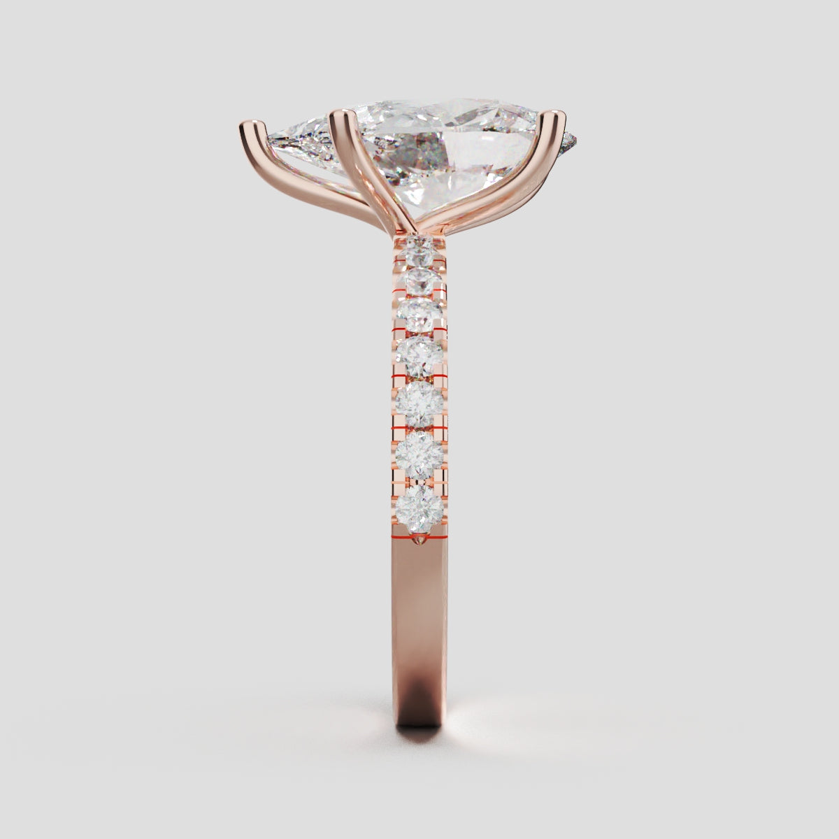 Brezza, 3ct pear lab grown diamond engagement ring, 1.8mm Pave, 5 Prongs, 18K rose gold - side view