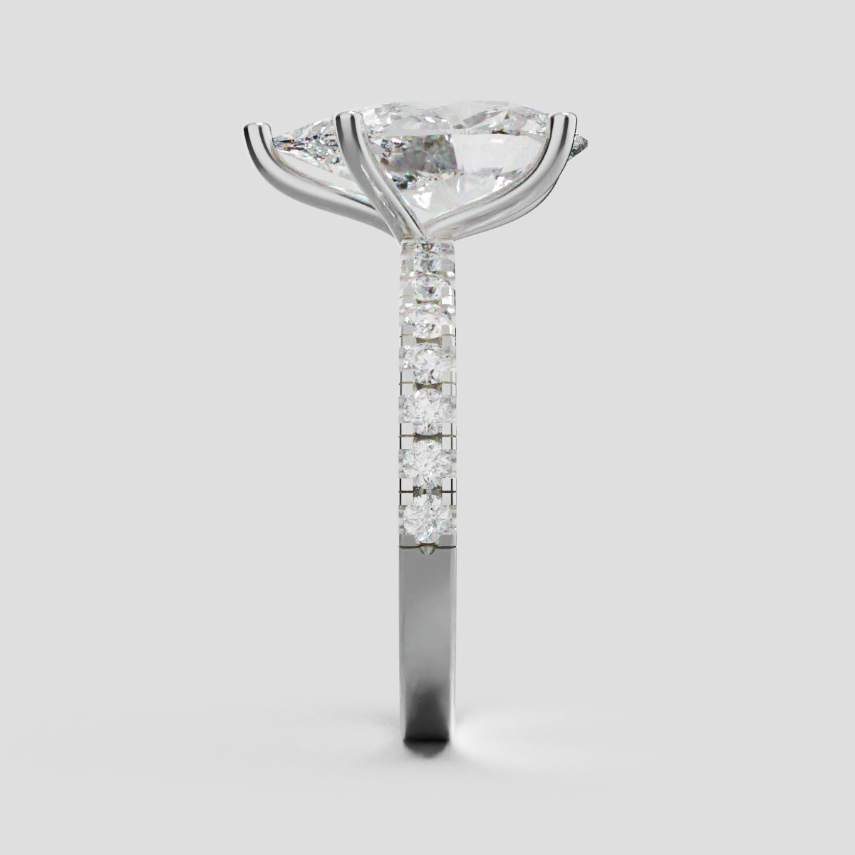 Brezza, 3ct pear lab grown diamond engagement ring, 1.8mm Pave, 5 Prongs, 18K white gold - side view
