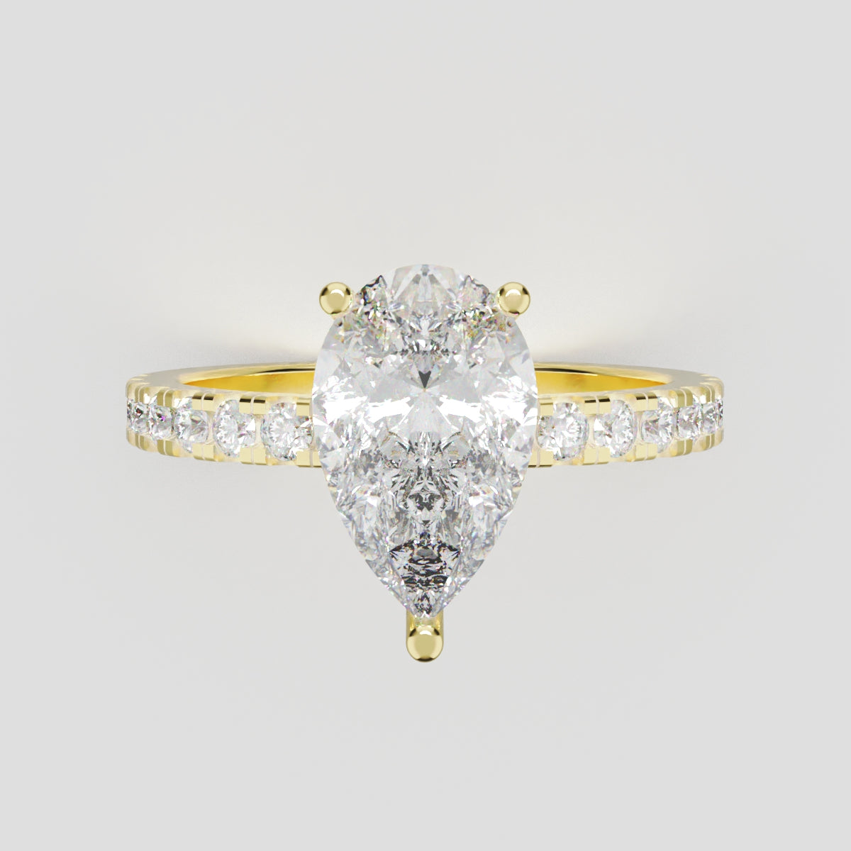 Sussurro, 1.5ct pear lab grown diamond engagement ring, 1.8mm Pave, Hidden Halo, 18K yellow gold - front view
