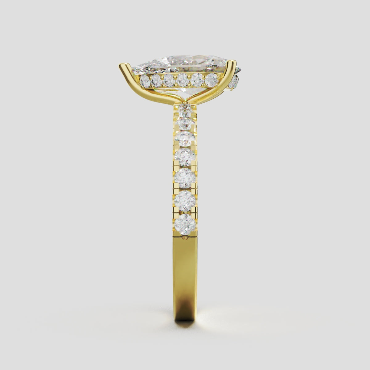 Sussurro, 1.5ct pear lab grown diamond engagement ring, 1.8mm Pave, Hidden Halo, 18K yellow gold - side view