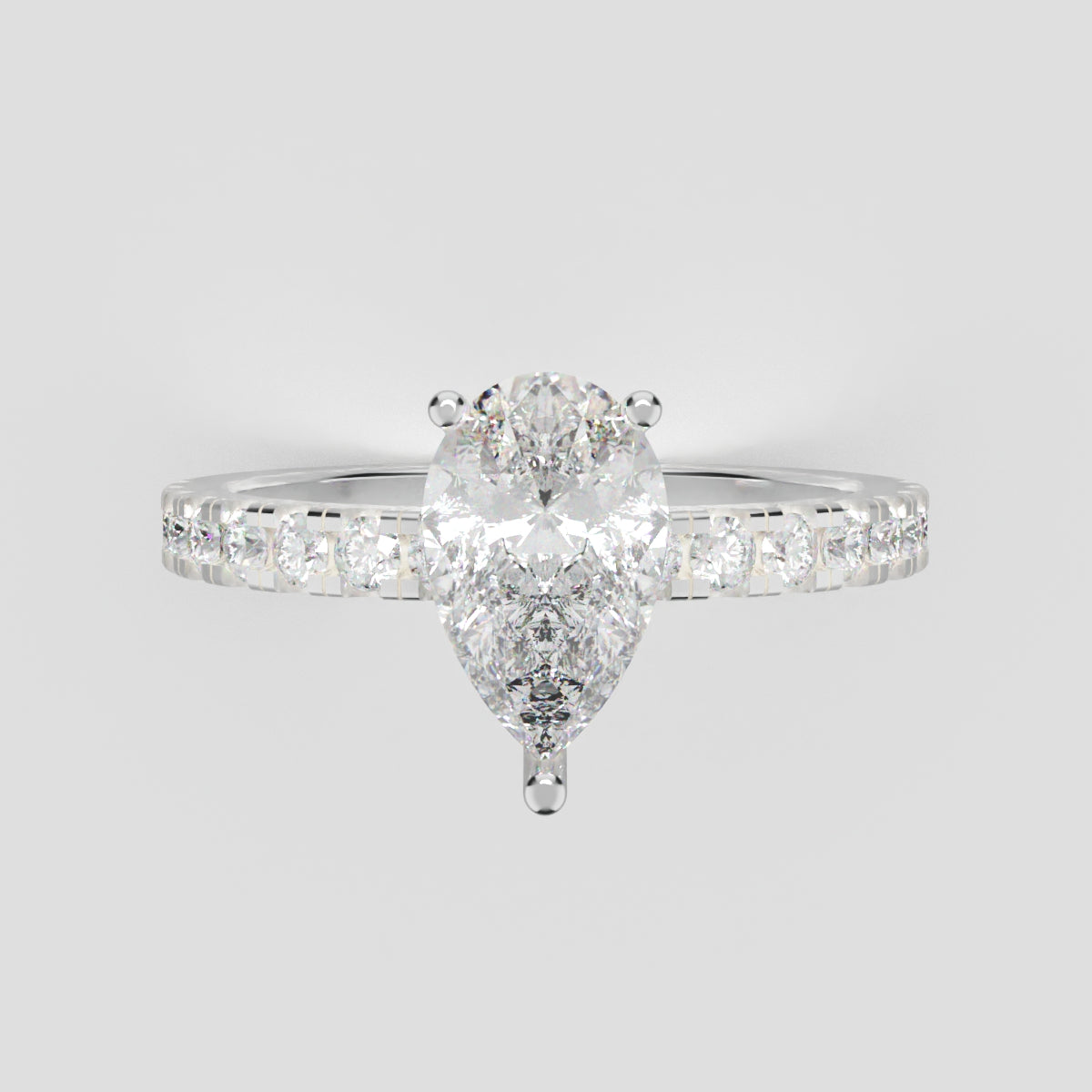 Sussurro, 1ct pear lab grown diamond engagement ring, 1.8mm Pave, Hidden Halo, 18K white gold - front view