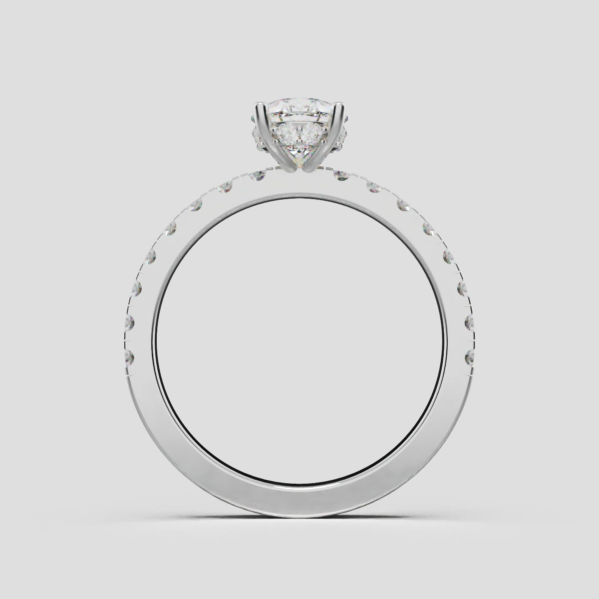 Sussurro, 1ct pear lab grown diamond engagement ring, 1.8mm Pave, Hidden Halo, 18K white gold - through finger