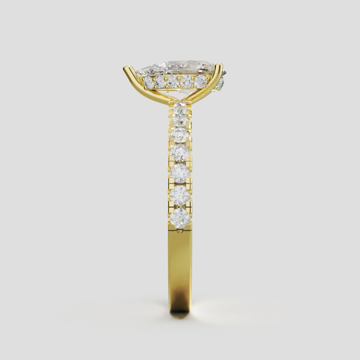 Sussurro, 1ct pear lab grown diamond engagement ring, 1.8mm Pave, Hidden Halo, 18K yellow gold - side view