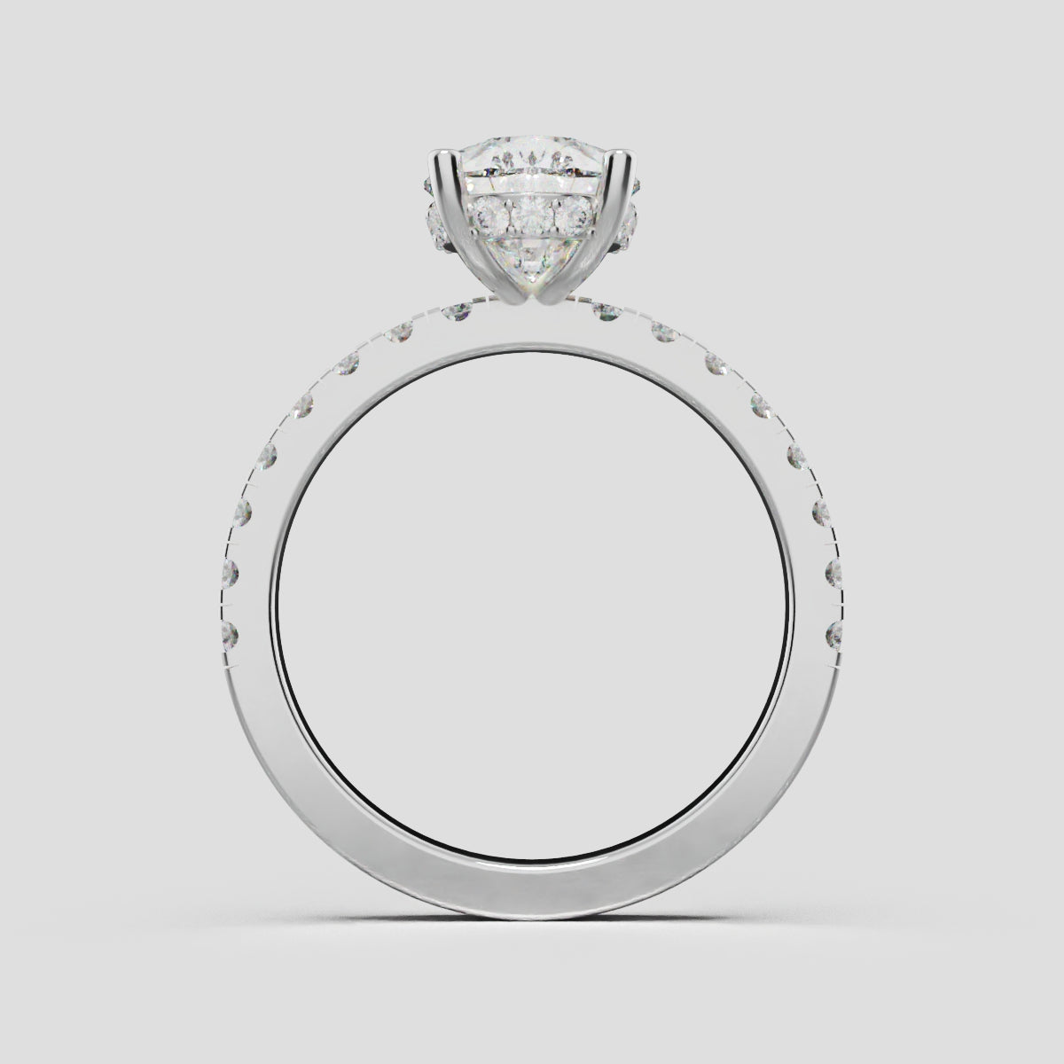 Sussurro, 2ct pear lab grown diamond engagement ring, 1.8mm Pave, Hidden Halo, 18K white gold - through finger
