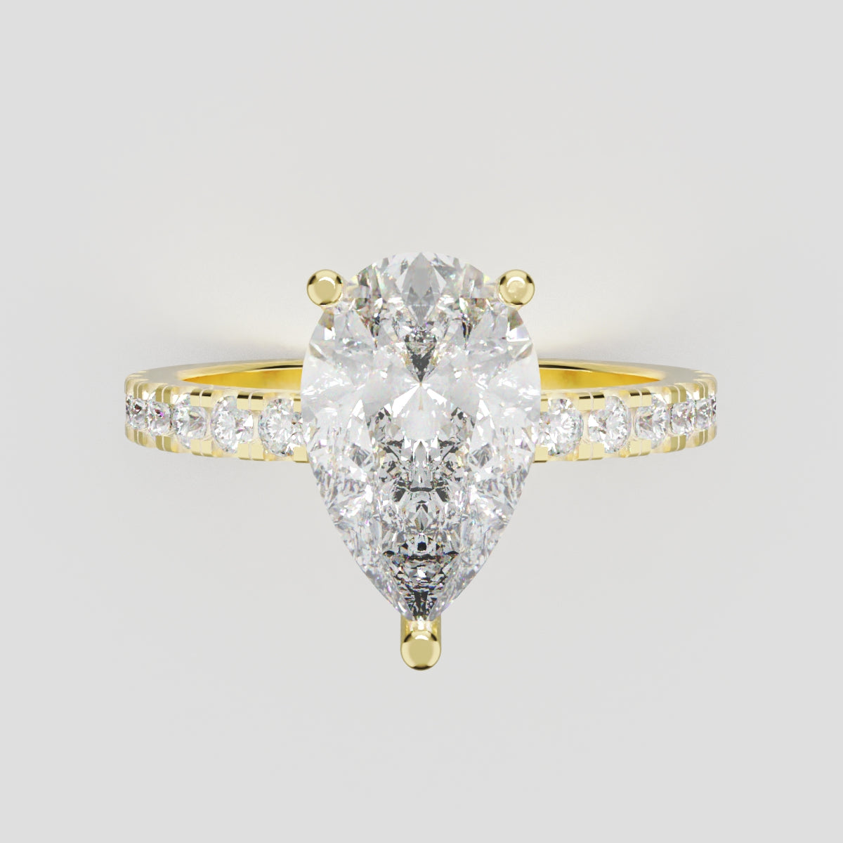 Sussurro, 2ct pear lab grown diamond engagement ring, 1.8mm Pave, Hidden Halo, 18K yellow gold - front view