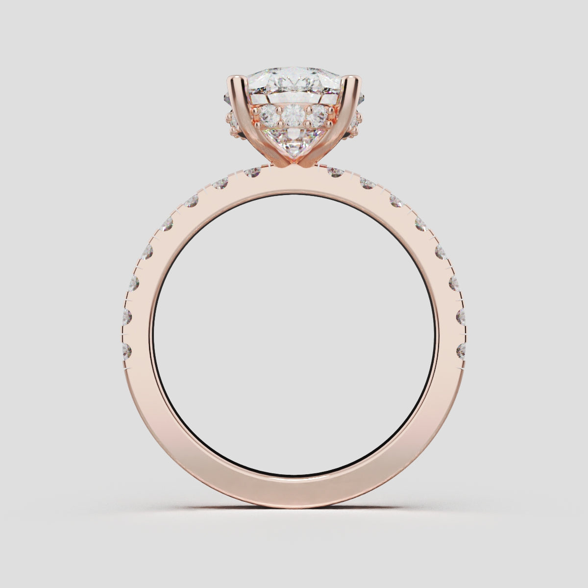 Sussurro, 3ct pear lab grown diamond engagement ring, 1.8mm Pave, Hidden Halo, 18K rose gold - through finger