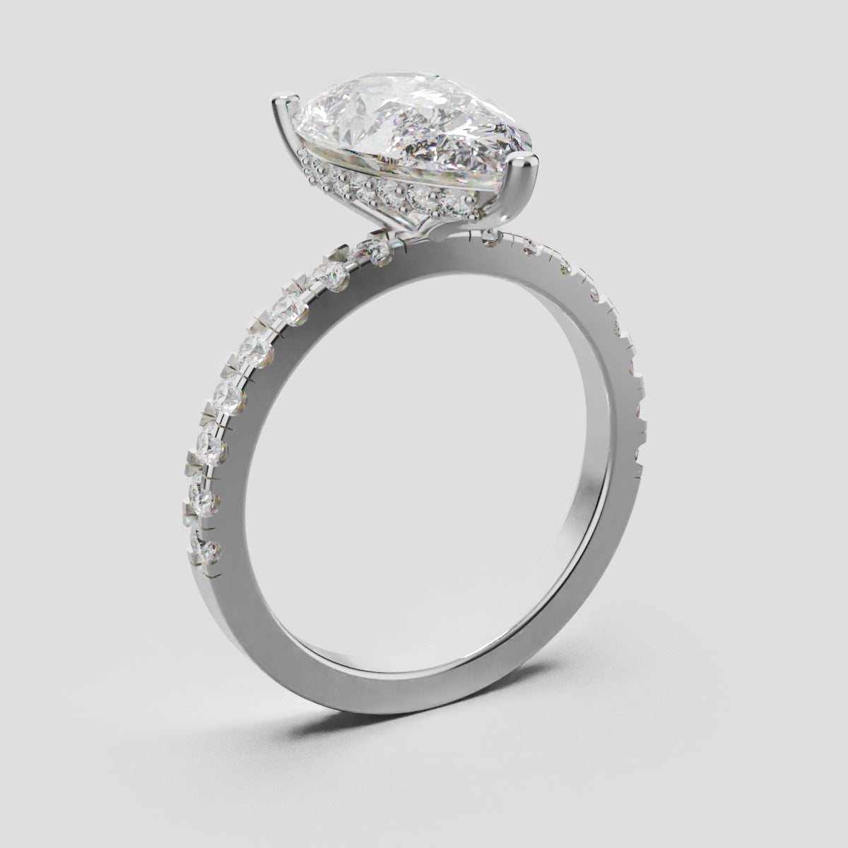 Sussurro, 3ct pear lab grown diamond engagement ring, 1.8mm Pave, Hidden Halo, 18K white gold - ne