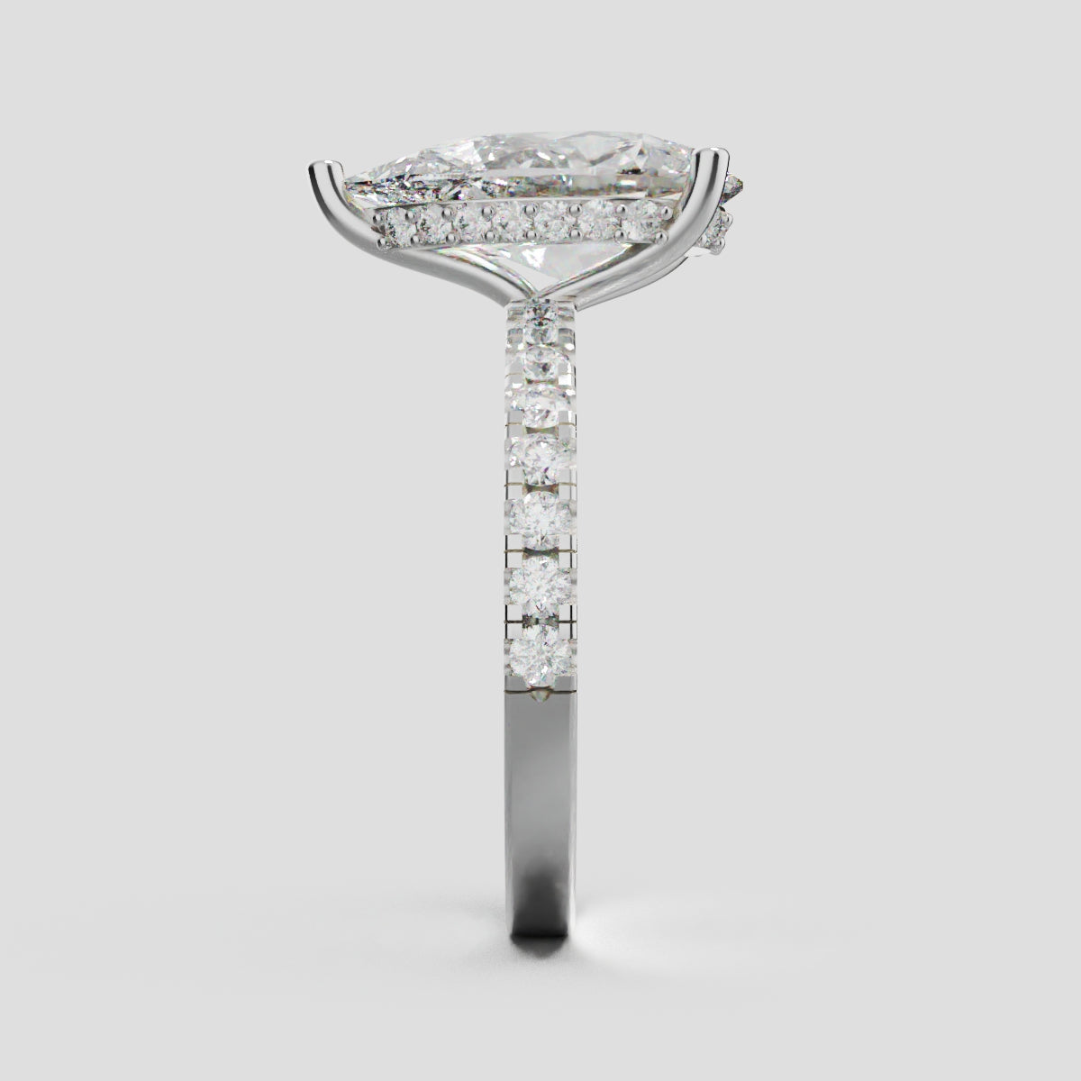 Sussurro, 3ct pear lab grown diamond engagement ring, 1.8mm Pave, Hidden Halo, 18K white gold - side view