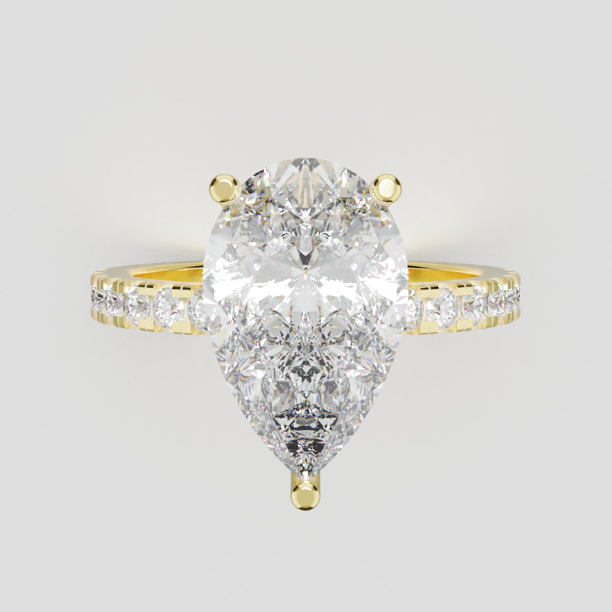 Sussurro, 3ct pear lab grown diamond engagement ring, 1.8mm Pave, Hidden Halo, 18K yellow gold - front view