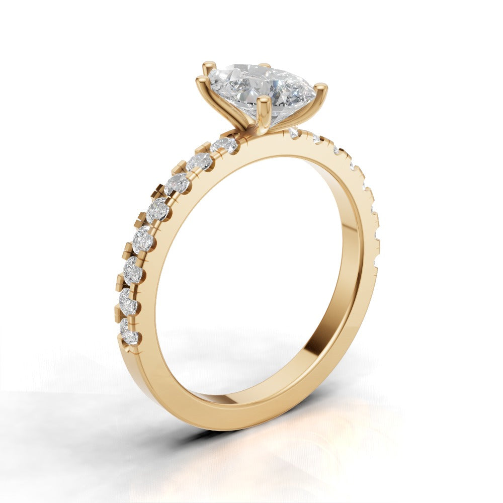 Brezza, 1ct pear lab grown diamond engagement ring, 1.8mm Pave, 5 Prongs, 18K yellow gold - ne