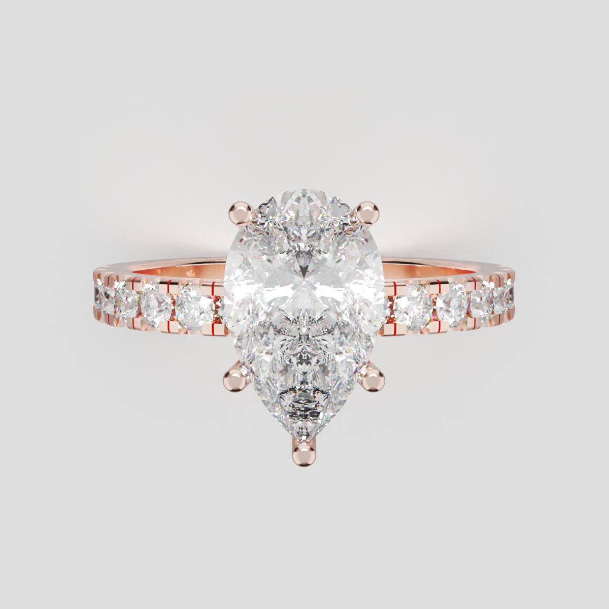 Corrente, 1.5ct pear lab grown diamond engagement ring, 2.0mm Pave, 5 Prongs, 18K rose gold - front view