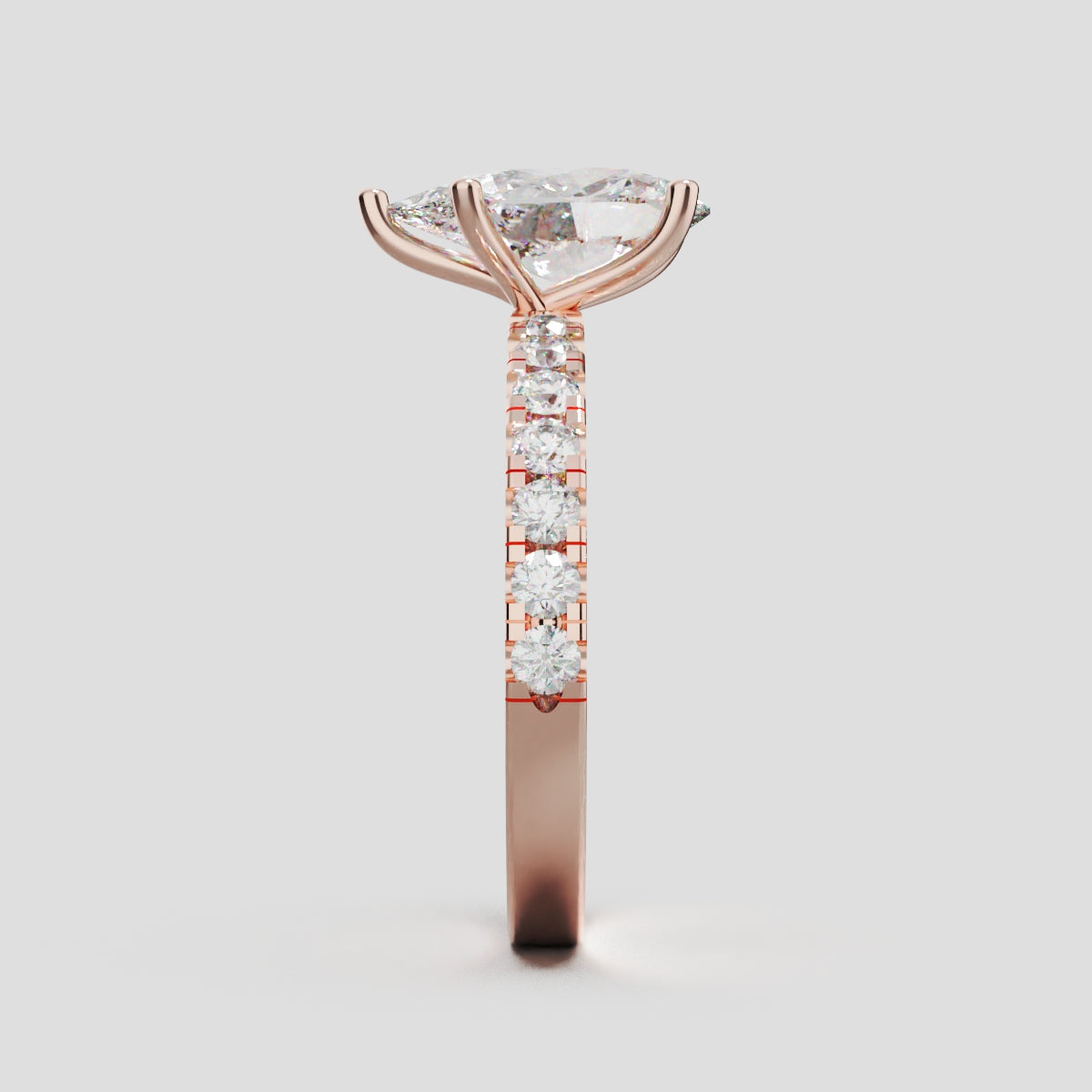 Corrente, 1.5ct pear lab grown diamond engagement ring, 2.0mm Pave, 5 Prongs, 18K rose gold - side view