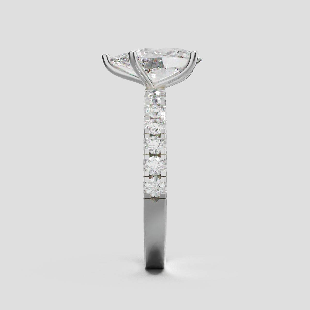 Corrente, 1.5ct pear lab grown diamond engagement ring, 2.0mm Pave, 5 Prongs, 18K white gold - side view
