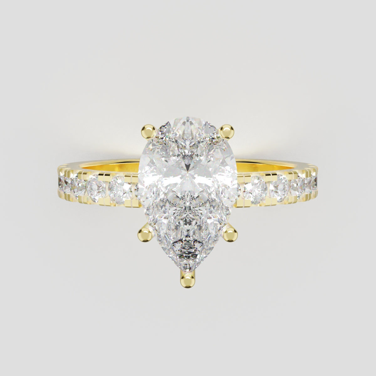 Corrente, 1.5ct pear lab grown diamond engagement ring, 2.0mm Pave, 5 Prongs, 18K yellow gold - front view