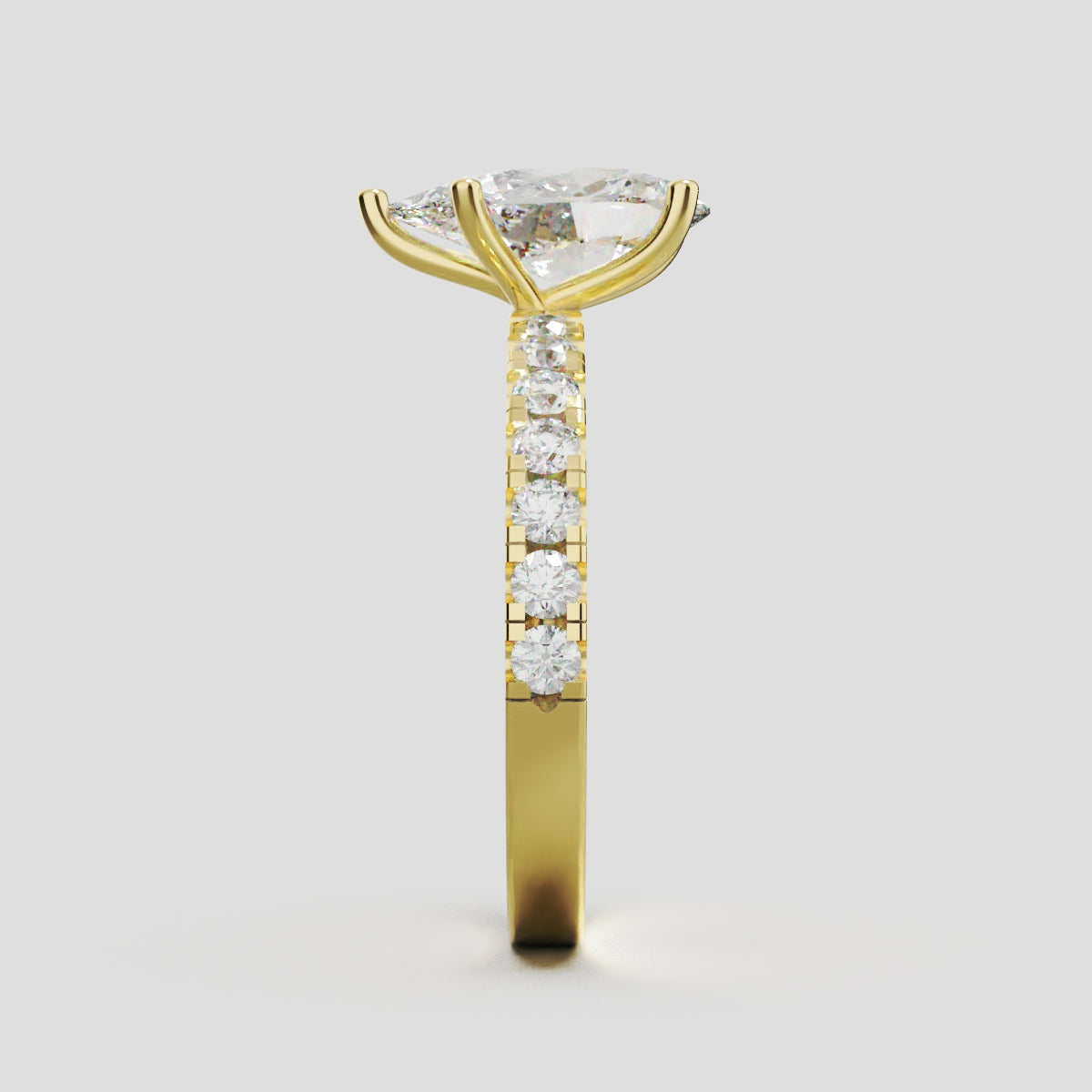 Corrente, 1.5ct pear lab grown diamond engagement ring, 2.0mm Pave, 5 Prongs, 18K yellow gold - side view
