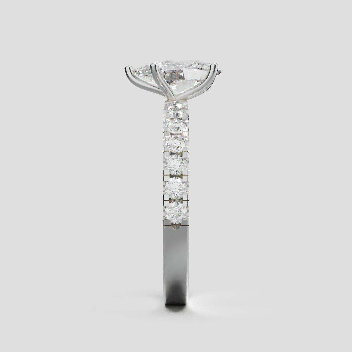 Corrente, 1ct pear lab grown diamond engagement ring, 2.0mm Pave, 5 Prongs, 18K white gold - side view