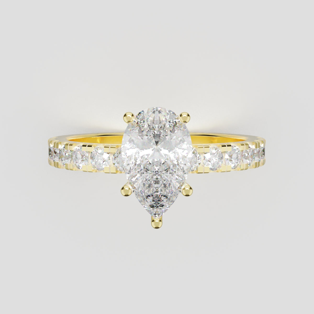 Corrente, 1ct pear lab grown diamond engagement ring, 2.0mm Pave, 5 Prongs, 18K yellow gold - front view