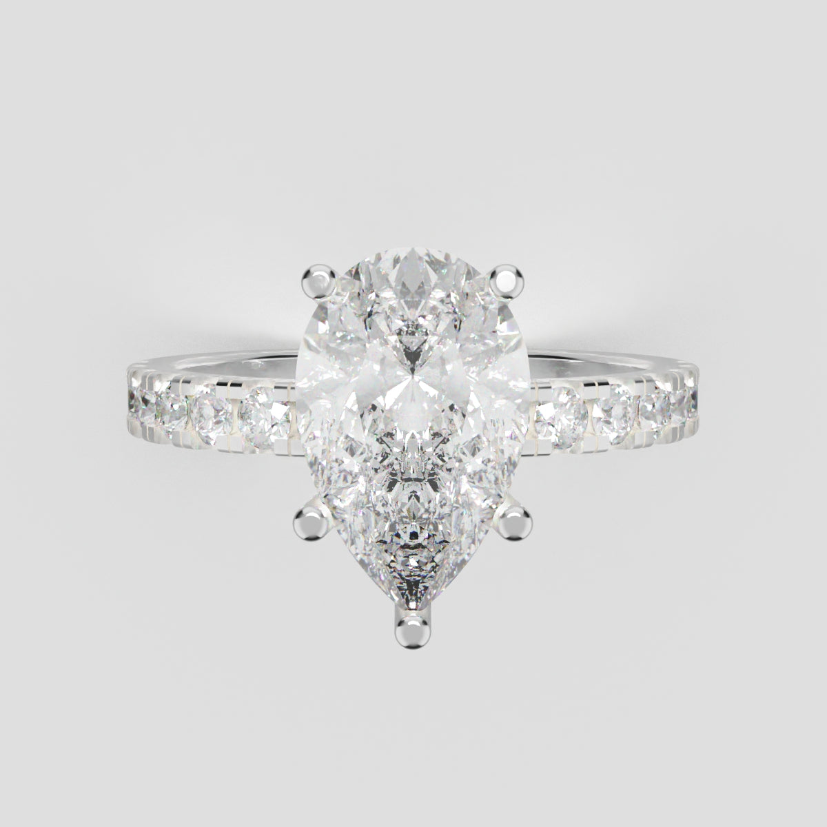 Corrente, 2ct pear lab grown diamond engagement ring, 2.0mm Pave, 5 Prongs, 18K white gold - front view