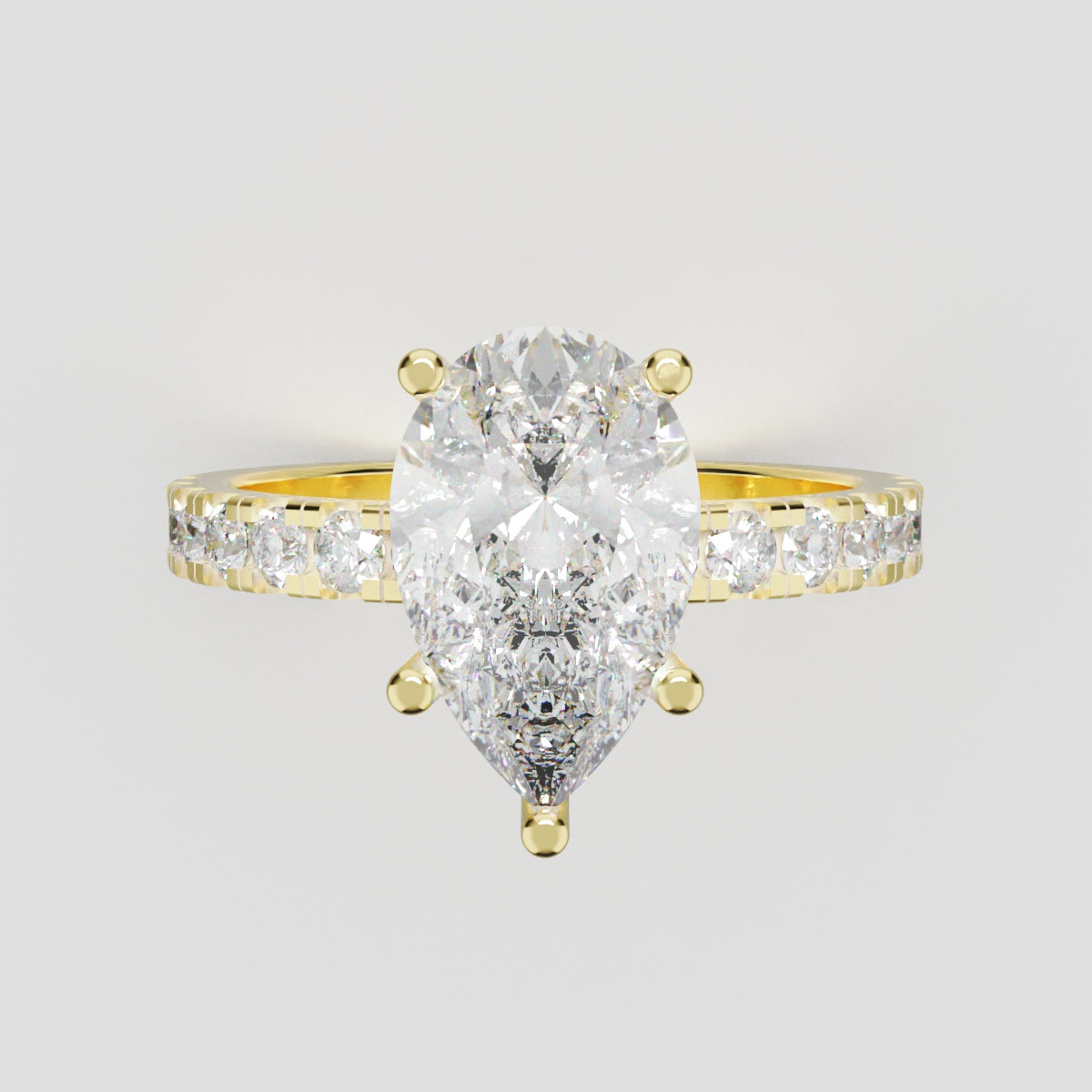 Corrente, 2ct pear lab grown diamond engagement ring, 2.0mm Pave, 5 Prongs, 18K yellow gold - front view