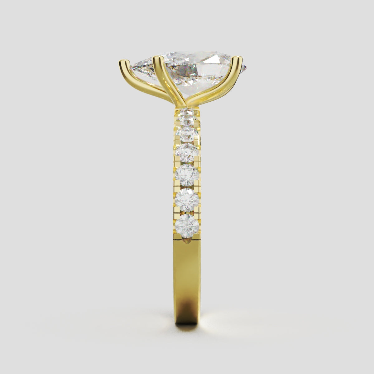 Corrente, 2ct pear lab grown diamond engagement ring, 2.0mm Pave, 5 Prongs, 18K yellow gold - side view