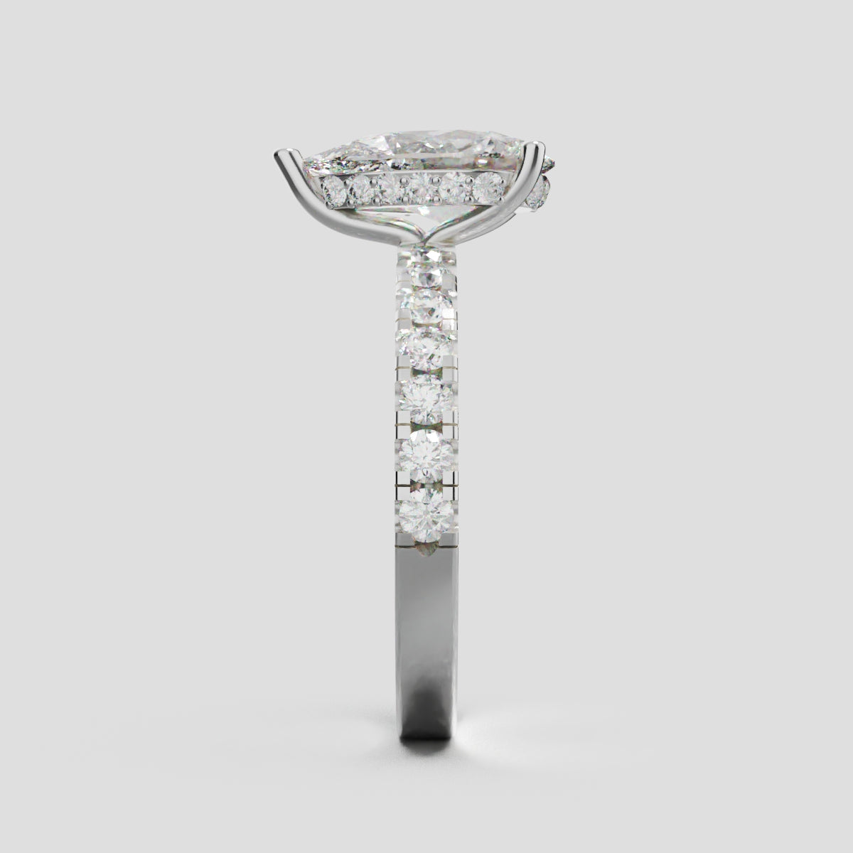 Alcova, 1.5ct pear lab grown diamond engagement ring, 2.0mm Pave, Hidden Halo, 18K white gold - side view
