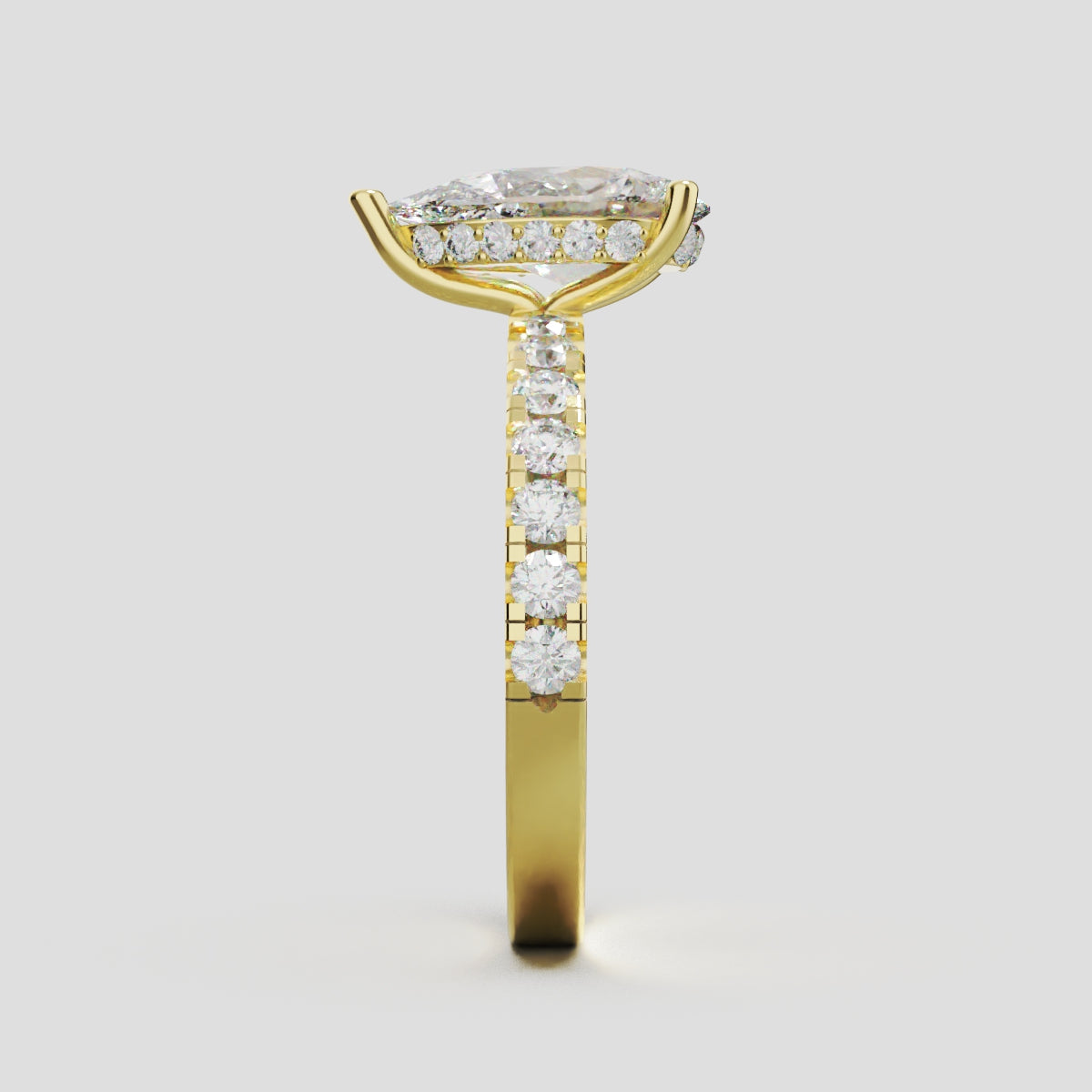 Alcova, 1.5ct pear lab grown diamond engagement ring, 2.0mm Pave, Hidden Halo, 18K yellow gold - side view