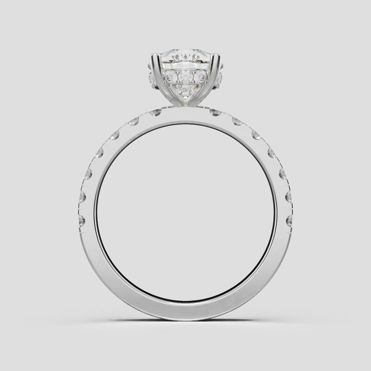 Alcova, 2ct pear lab grown diamond engagement ring, 2.0mm Pave, Hidden Halo, 18K white gold - through finger