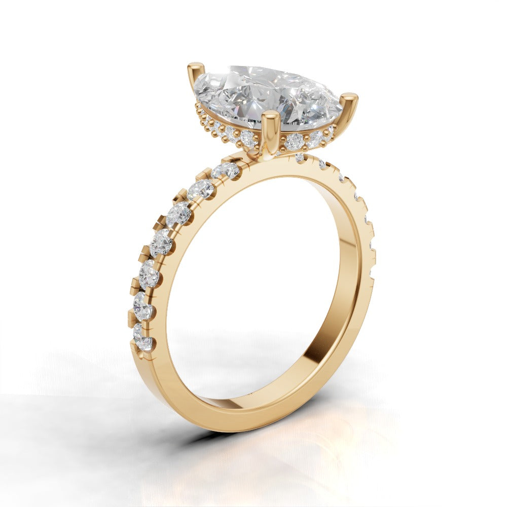 Alcova, 3ct pear lab grown diamond engagement ring, 2.0mm Pave, Hidden Halo, 18K yellow gold - ne