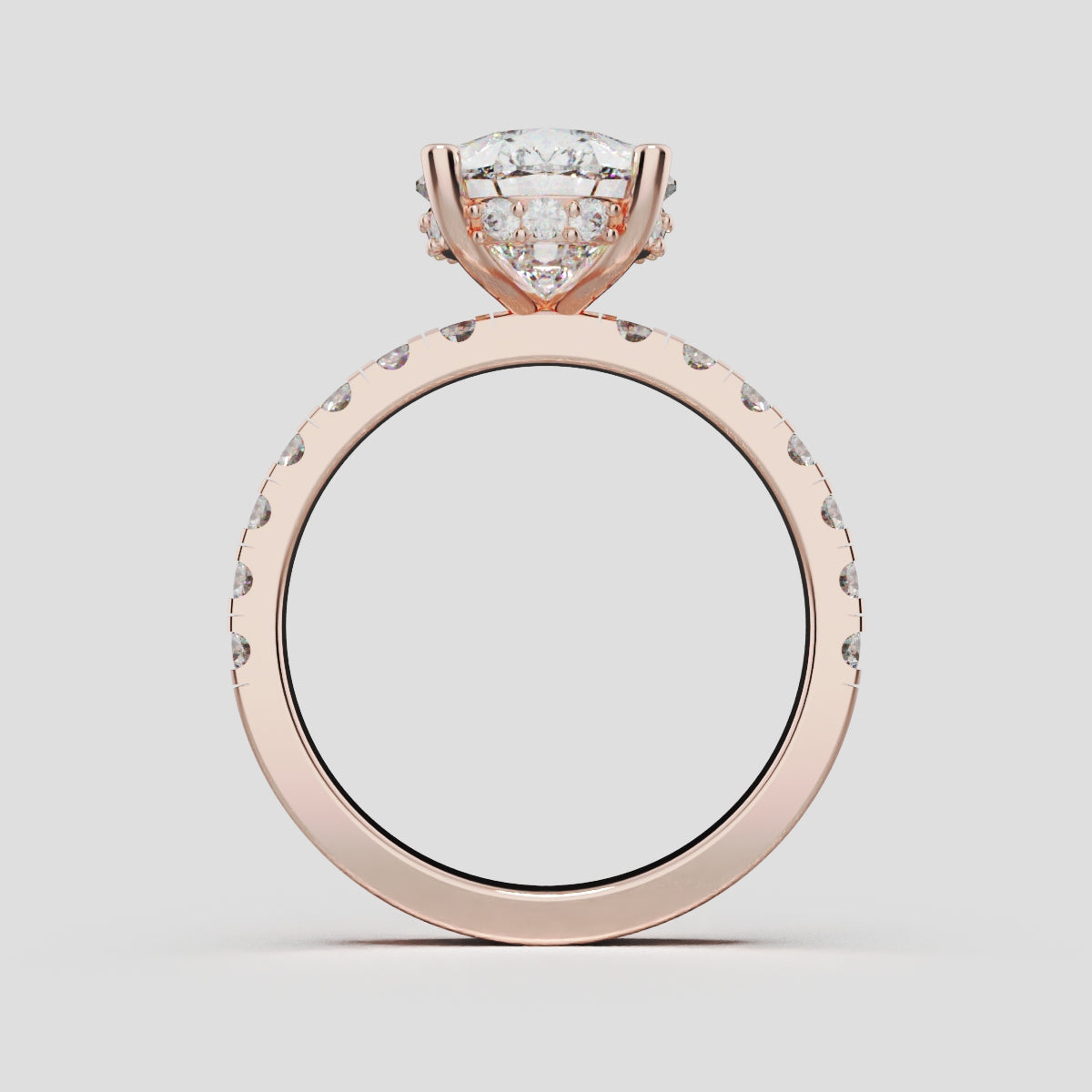 Alcova, 3ct pear lab grown diamond engagement ring, 2.0mm Pave, Hidden Halo, 18K rose gold - through finger