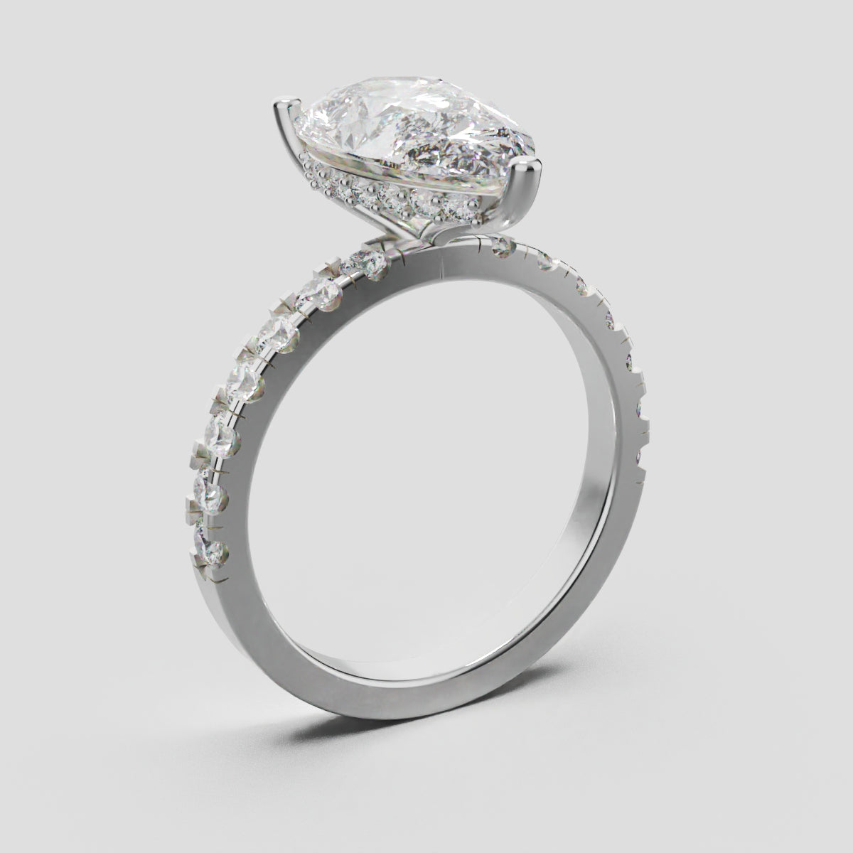 Alcova, 3ct pear lab grown diamond engagement ring, 2.0mm Pave, Hidden Halo, 18K white gold - ne