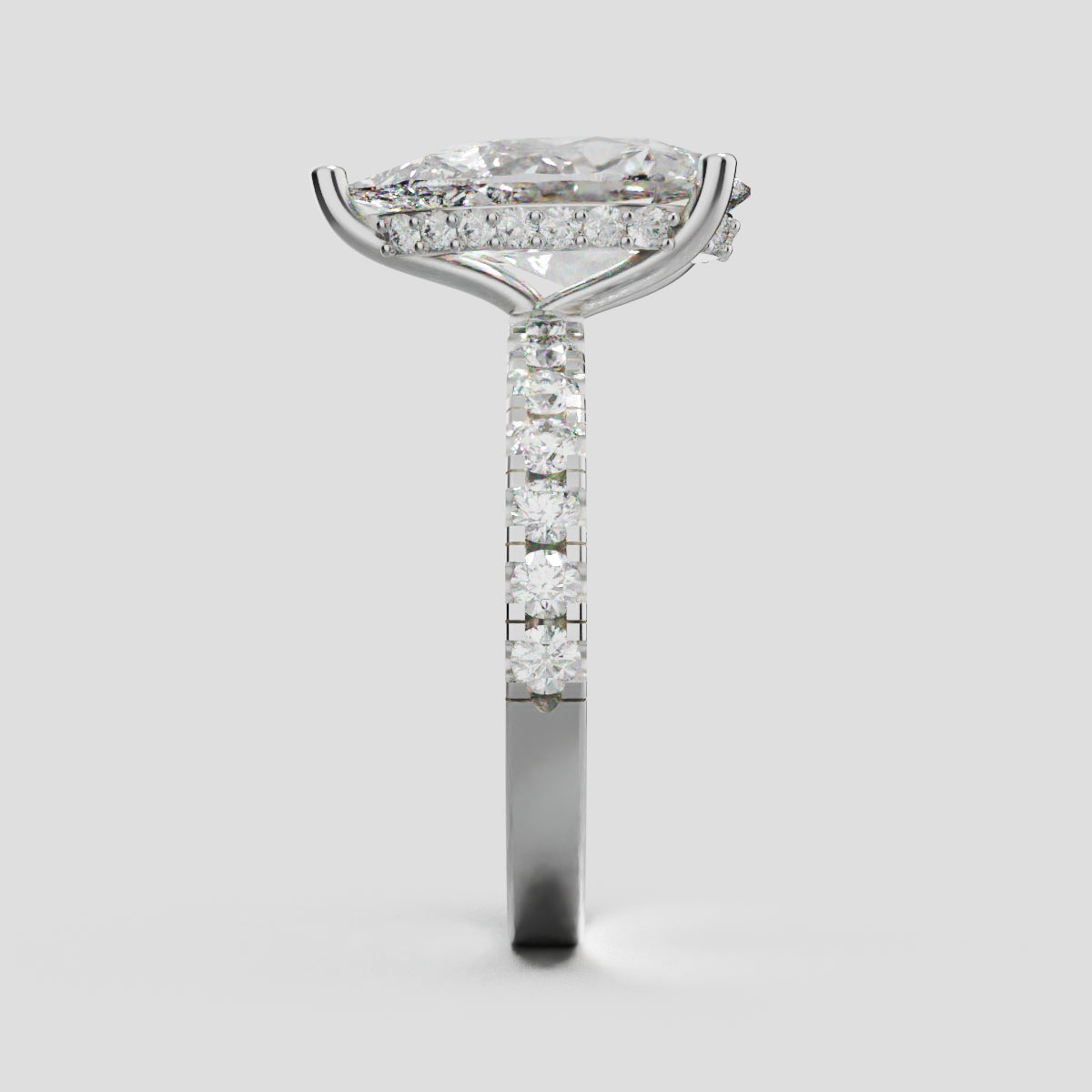 Alcova, 3ct pear lab grown diamond engagement ring, 2.0mm Pave, Hidden Halo, 18K white gold - side view