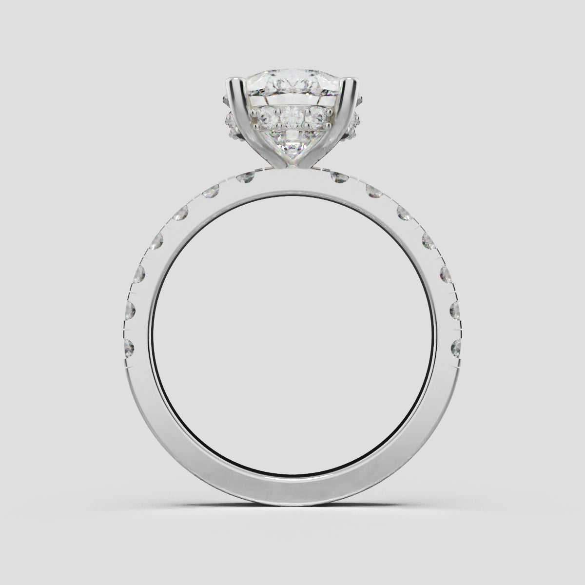 Alcova, 3ct pear lab grown diamond engagement ring, 2.0mm Pave, Hidden Halo, 18K white gold - through finger
