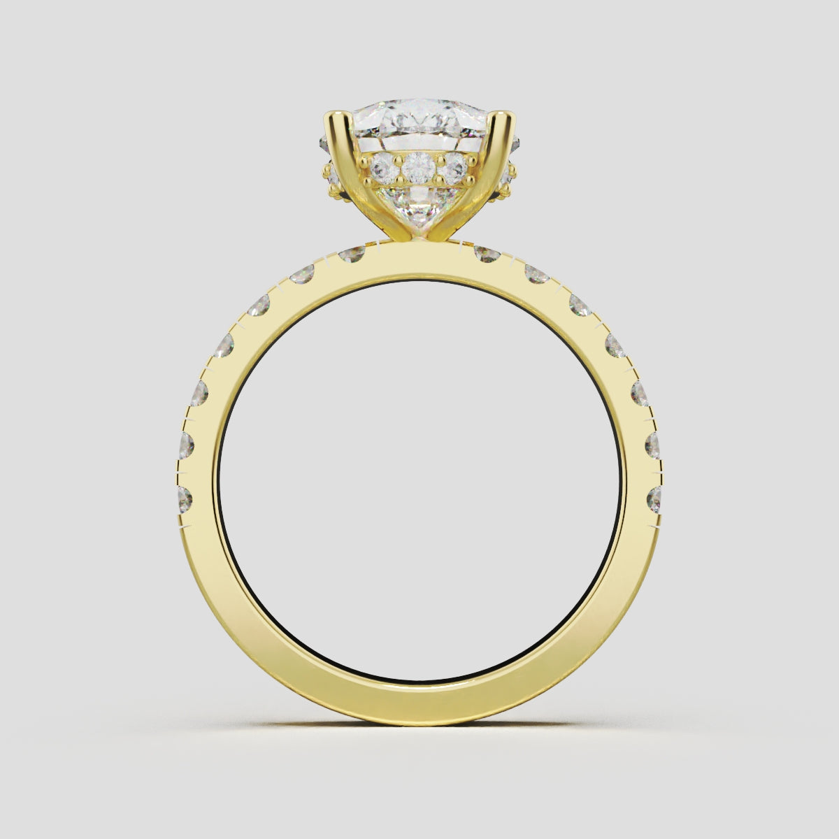 Alcova, 3ct pear lab grown diamond engagement ring, 2.0mm Pave, Hidden Halo, 18K yellow gold - through finger