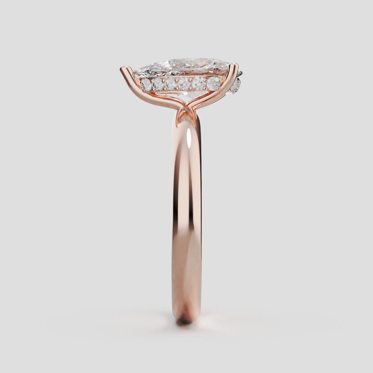 Riparo, 1.5ct pear lab grown diamond engagement ring, Plain Sides, Hidden Halo, 18K rose gold - side view
