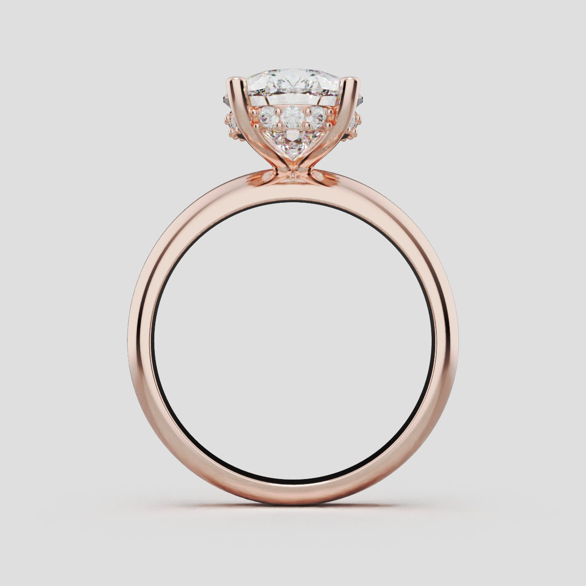 Riparo, 3ct pear lab grown diamond engagement ring, Plain Sides, Hidden Halo, 18K rose gold - through finger