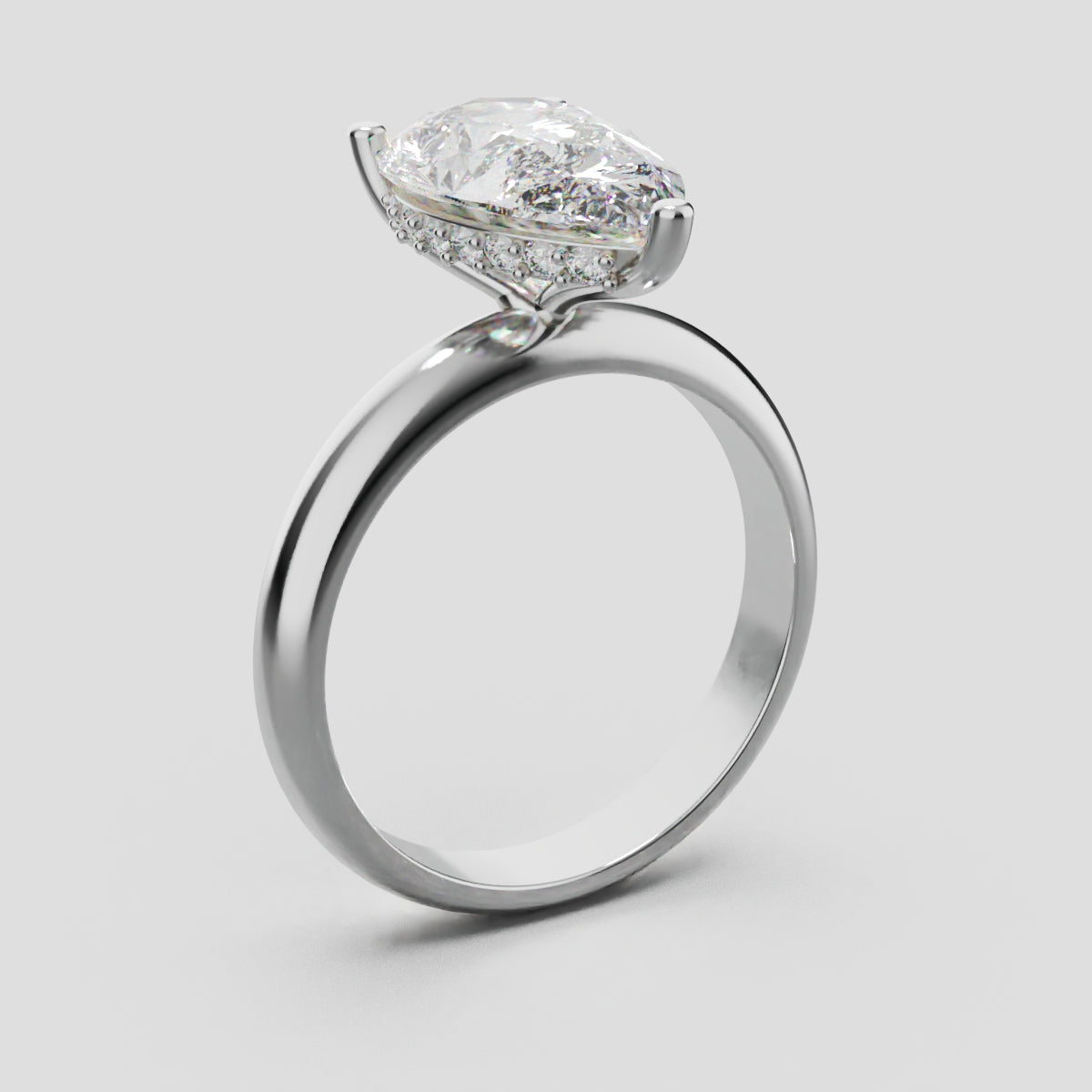 Riparo, 3ct pear lab grown diamond engagement ring, Plain Sides, Hidden Halo, 18K white gold - ne