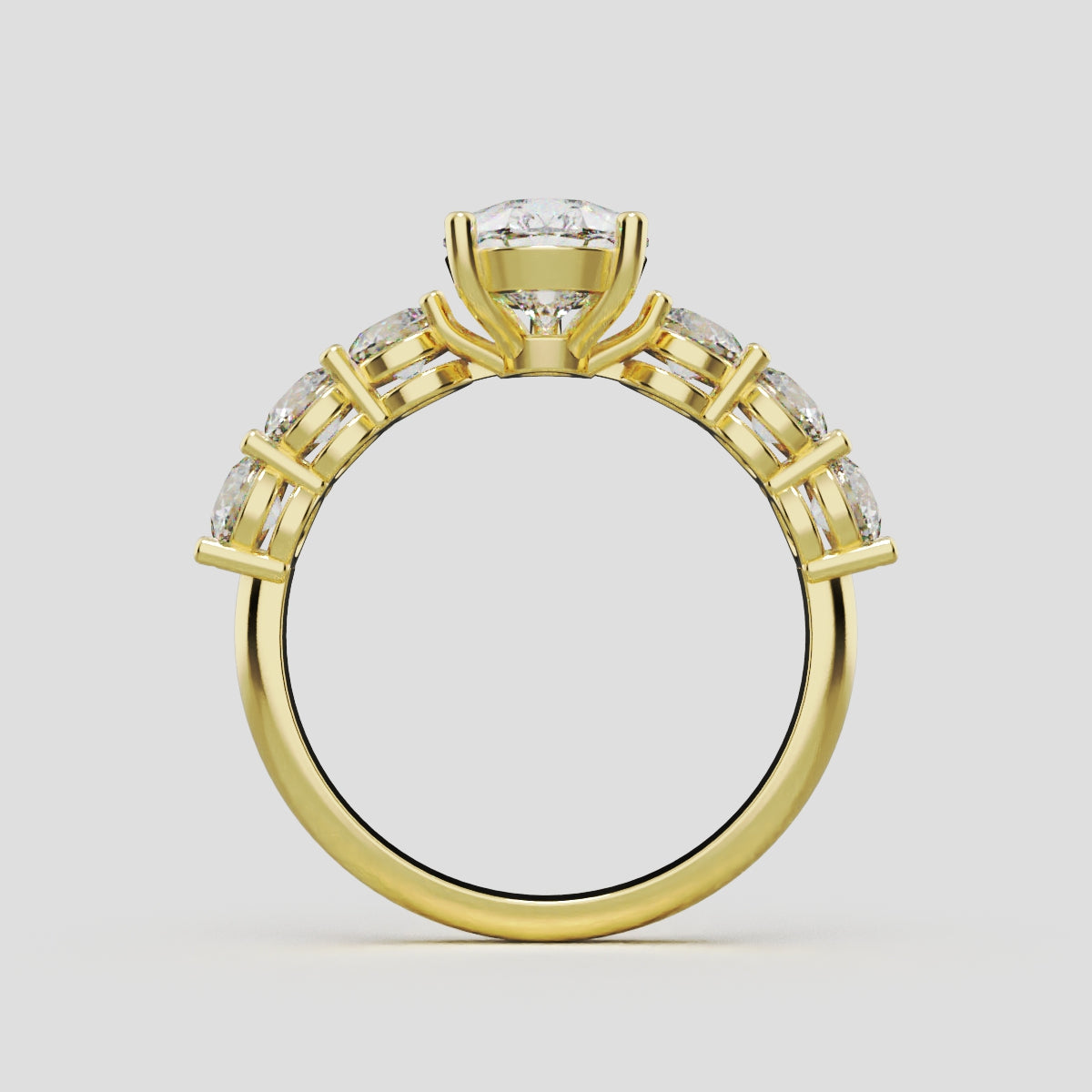 Cascata, 1.5ct pear lab grown diamond engagement ring, 3.5mm Side Stones, 18K yellow gold - through finger