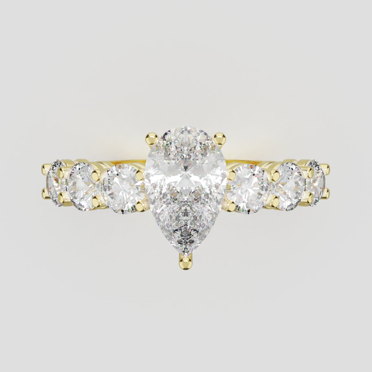 Cascata, 1ct pear lab grown diamond engagement ring, 3.5mm Side Stones, 18K yellow gold - front view