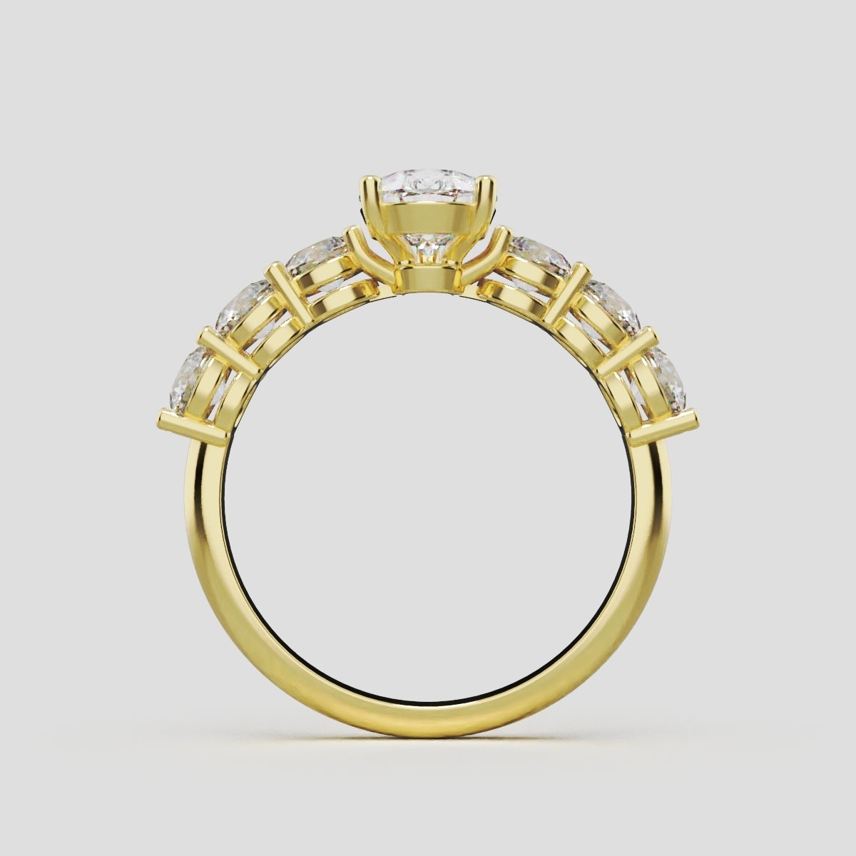 Cascata, 1ct pear lab grown diamond engagement ring, 3.5mm Side Stones, 18K yellow gold - through finger